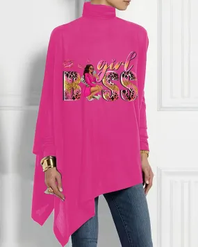 Women's Turtleneck Irregular Black Print Long Sleeve T-shirt