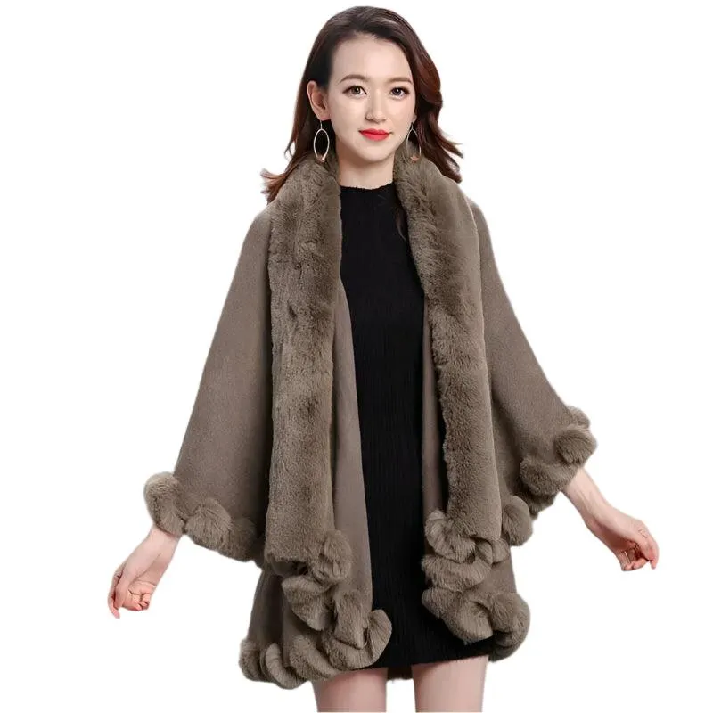 Women's Winter Knitted Poncho Cloak – Faux Rex Rabbit Fur Collar Pashmina Wrap