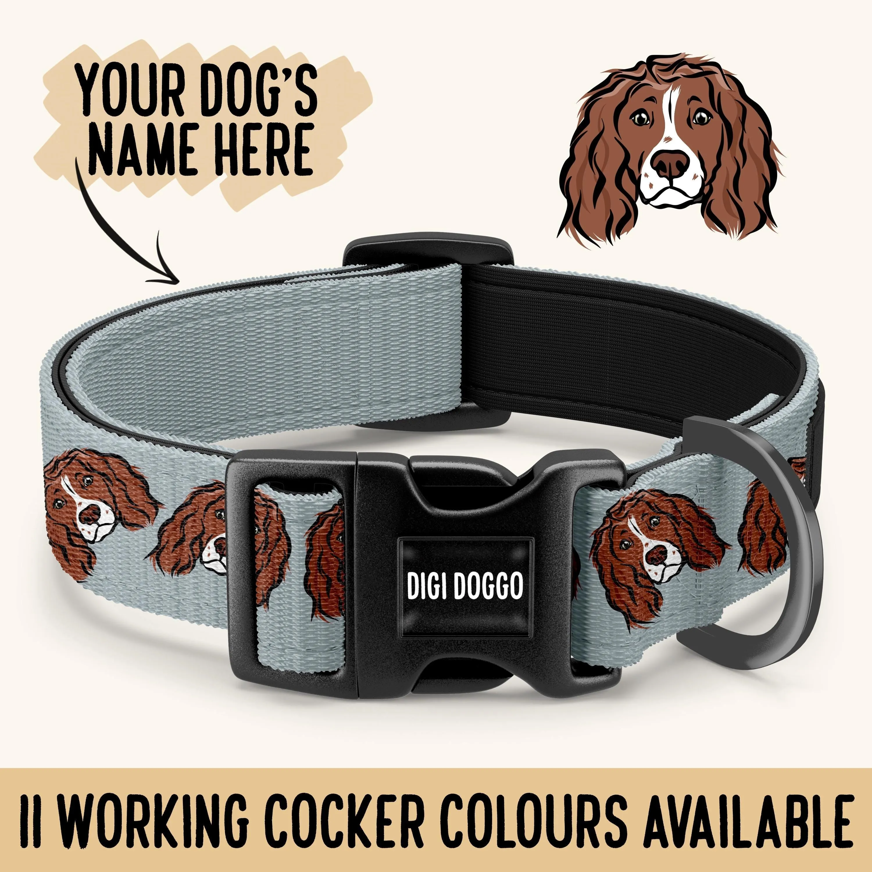 Working Cocker Spaniel Collar/ Custom Pet Buckle Collar/Large Dog Breed Collar/Working Cocker Face Pattern Collar/ Working Cocker Lover Gift
