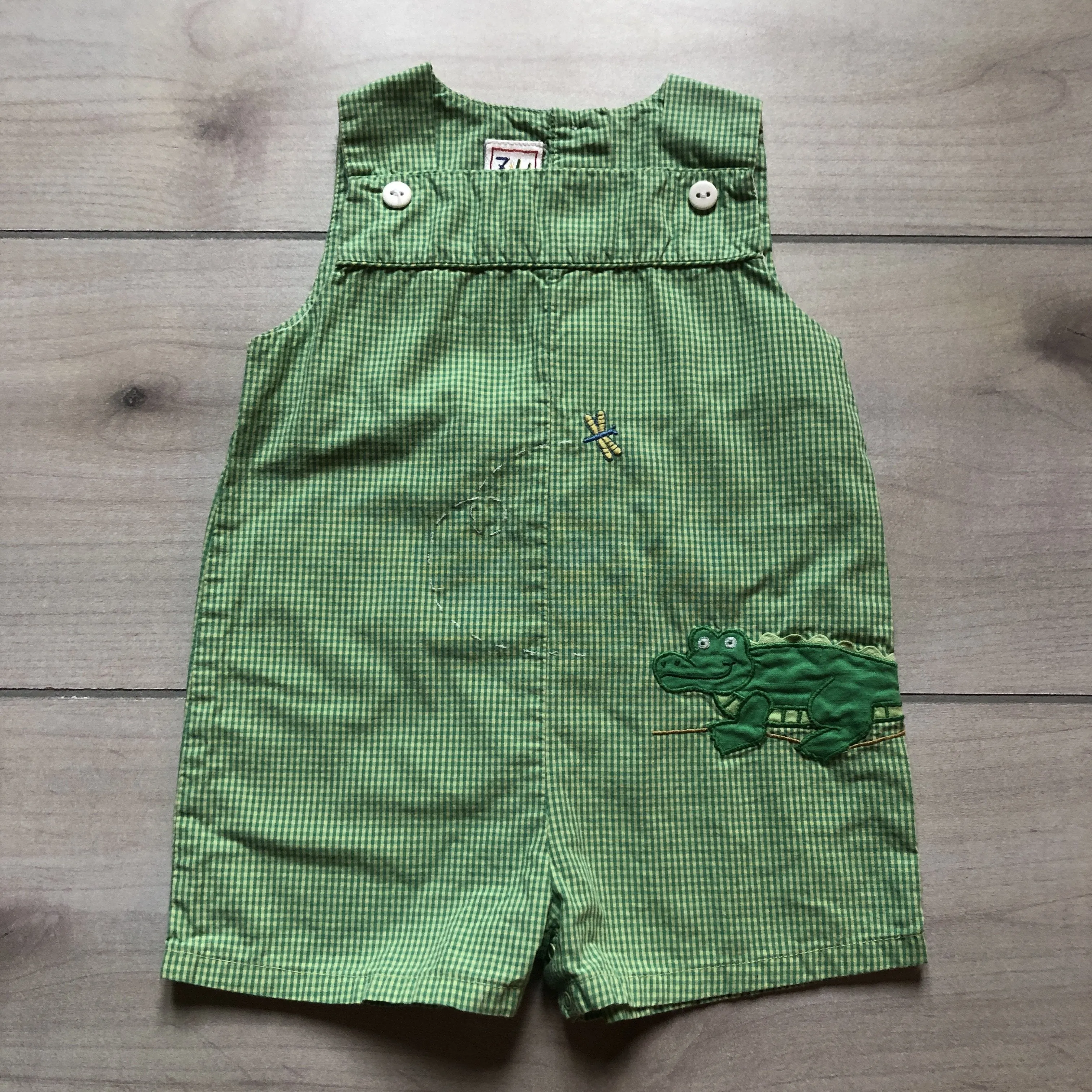 ZU Green Gingham Crocodile Applique Romper