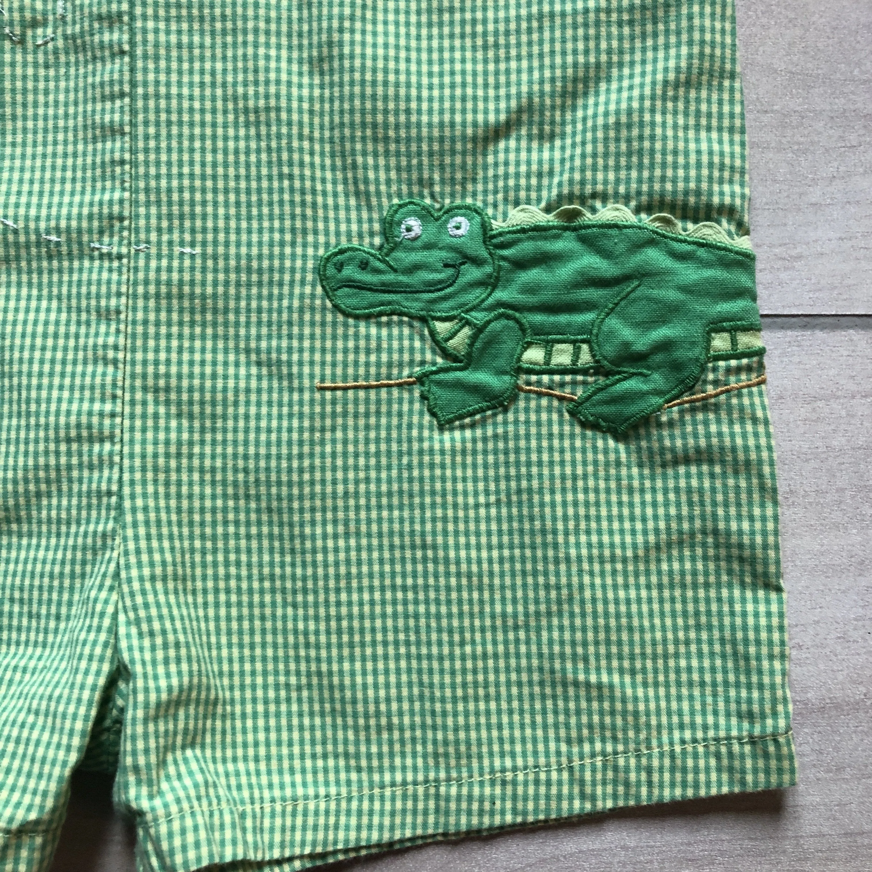 ZU Green Gingham Crocodile Applique Romper